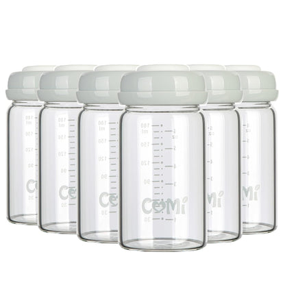 COMI Wide Neck Glass Breastmilk Collection n Storage Bottle, 6oz with Screw Ring Sealing Disk; Re-markable Sealing Disc. BPA Free, Fits Breast Pumps & Nipples (Gray Lids)