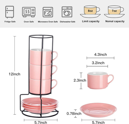 8oz Porcelain Stackable Cappuccino Cups with Saucers and Metal Stand Set of 4, Coffee Cups for Espresso, Specialty Coffee Drinks, Latte, Americano and Tea - Pink