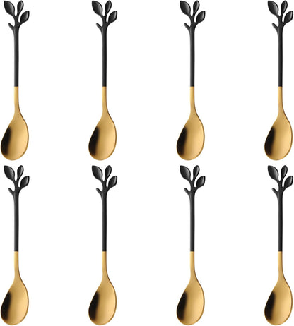 AnSaw 8-Pack Elegant Black & Gold Leaf 4.7" Espresso Spoons - Stainless Steel, Perfect for Coffee, Demitasse, Dessert & Tea, Mini Size for Small Servings