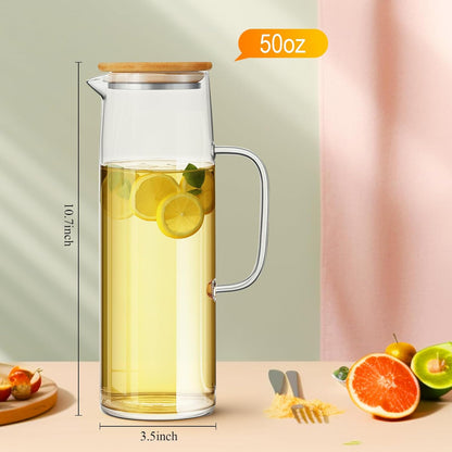Hsei 2 Sets Glass Pitcher with Lid, 50 oz / 1500 ml Water Carafe with Handles Hot Cold Beverage Water Jar Glass Jug for Tea Juice Milk Coffee Iced Beverage