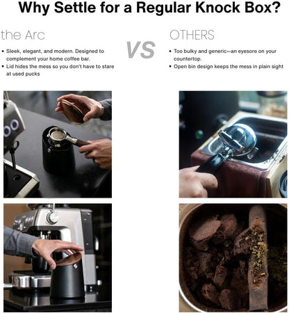 Crema Coffee Products Arc Knock Box | Holds 12–16 EspressoPucks|Durable,Stain-ResistantBuild withNon-Slip Base|Elegant WalnutPlastic Lid Design| EasyClean-Up &Moisture Control|BlackPlasticLid Finish