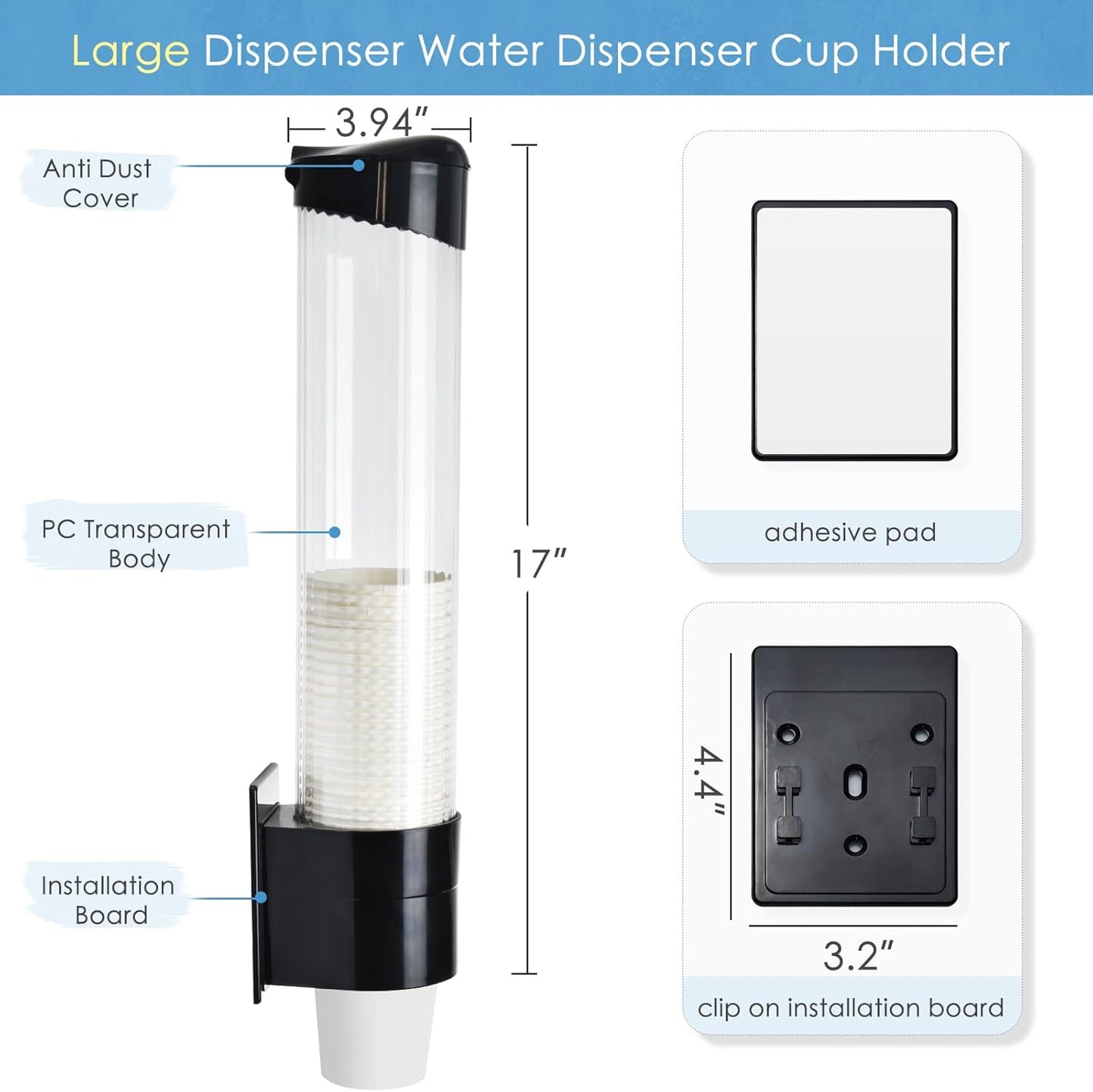 Cup Dispenser Water Dispenser Cup Holder Pull Type Paper Automatic Remover 7oz - 12oz Cone or Flat Bottom Cups for Home Office Hospital (Black, Large)