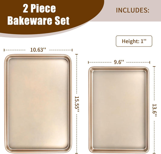 Baking Sheet Pan Set of 2, Commercial Cookie Sheets for Baking, Nonstick Carbon Steel Baking Tray Quarter Sheet Jelly Roll Pan, 9x13in, 10x15in, Heavy Duty & Easy Clean