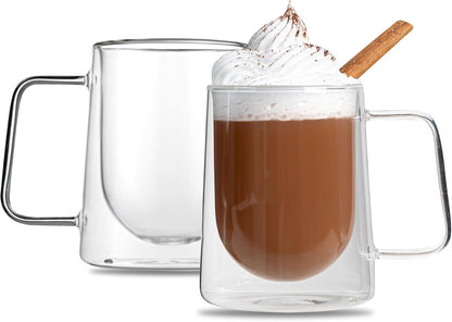 Restaurantware-Forma Professional 10.2 Ounce Double Wall Coffee Mugs, 2 Insulated Coffee Mugs With Handle - Dishwashable, Reusable, Clear Glass Beverage Cups, Freezable, For Hot Or Cold Beverages