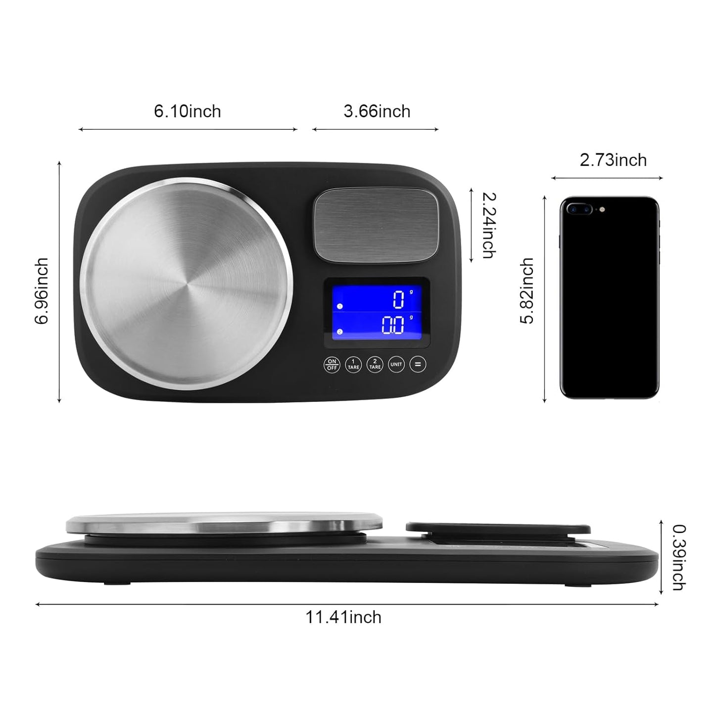 Dual Platform Digital Kitchen and Food Scale, Precise Capacity of 2.2lbs and 10Kg(Min 0.1oz/1oz), Stainless Steel, 6/7 Units, Tare Function, Auto-off, Perfect for Baking Cooking Food Weighing