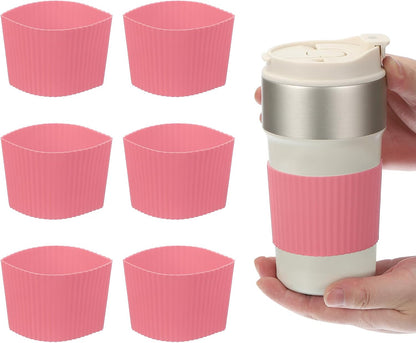 uxcell 6Pack Coffee Cup Sleeves, Reusable Silicone Heat Resistant Cup Protective Sleeve Nonslip Mug Protector Cover for Home Travel Coffee Mug Glasses Water Bottle Boots, Dark Pink