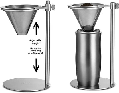 Pour Over Coffee Maker, Adjustable Pour Over Coffee Stand with Double Filter, Freestanding Drip Cone Brewer and Stand, Make Coffee Directly into Mug, Cup or Thermos, 1pcs, Stainless Steel