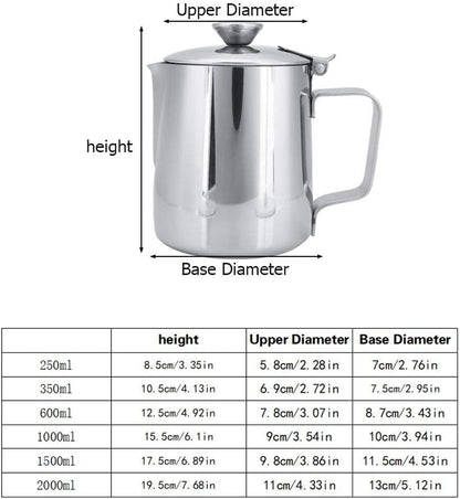 Stainless Steel Coffee Cup Mug Milk Frothing Pitcher Jug with Lid for Latte Coffee Art for Office Kitchen with handle(350mL)