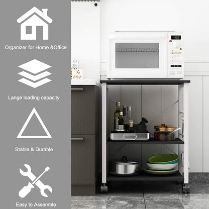 DlandHome Standing Baker's Rack Appliance Table Small Rolling Cart, 3-Tier Kitchen Rack Utility Storage Shelf Microwave Stand, W4-Black