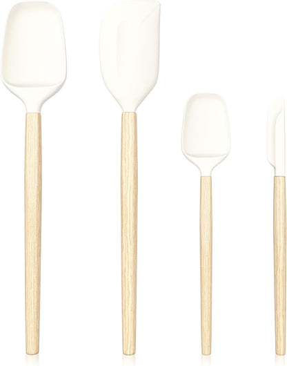 Wooden Handle Silicone Rubber Spatula Set for Kitchen Baking, Cooking, and Mixing High Heat Resistant Non Stick Dishwasher Safe BPA-Free Black+blue Set of 2 (Wooden Handle Spatula 4Piece)