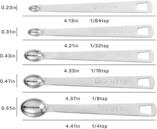 5Pcs Teaspoon Measuring Spoons, 1/4 tsp, 1/8 tsp, 1/16 tsp, 1/32 tsp, 1/64 tsp Metal Measuring Spoons Set, Stainless Steel Cooking Baking Tiny Measuring Spoon for Powders, Spices, Salt