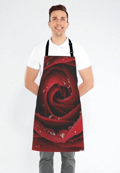 Dark Red Rose with Water Droplets Apron Home Kitchen Waterproof Cooking Baking Gardening for Women Men