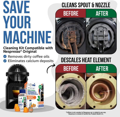 Nespresso Compatible Descaling Kit & Cleaning Pods. 2 Use Descaling Solution & 4 Cleaner Pods. Removes Limescale & Cleans Pod Area. Better Tasting, Hotter Coffee. Nespresso Originaline.