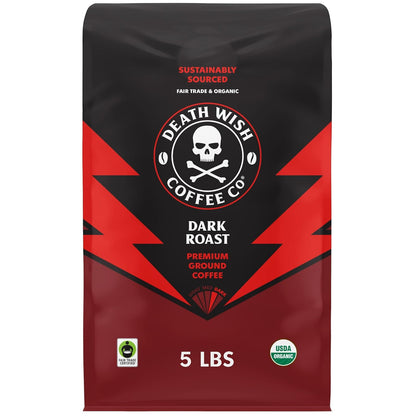 Death Wish Coffee Dark Roast Grounds - Bold Intense Blend of Arabica & Robusta Beans - USDA Organic Ground Coffee - 80 oz.