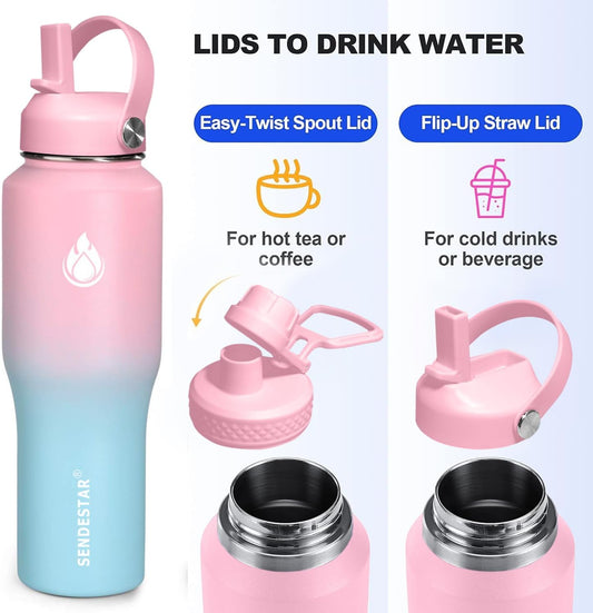 SENDESTAR 32oz Water Bottle Wide Mouth Stainless Steel Vacuum Insulated Double Wall with 2 Straw Lids Fit in Any Car Cup Holder TXIN-32-PB-1