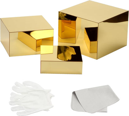 3-Piece Nesting Risers - Mirror Gold Acrylic Display Stands for Catering, Dessert, Jewelry & Party