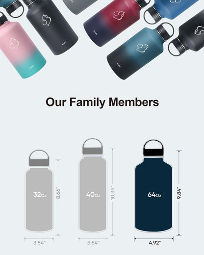 BUZIO 64 oz Water Bottle Insulated with Straw & 3 lid and Carrying Pouch, Leak Proof Half Gallon Stainless Steel Water Flask Jug, Cold for 48 Hrs Double Vacuum Thermo Canteen, BPA-Free, Dark Blue