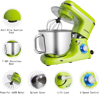 Aucma Stand Mixer,7.4QT Food Mixers, Kitchen Electric Mixer with Dough Hook, Wire Whip & Beater (Green, 7.4QT)