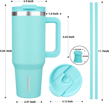 BJPKPK 40 oz Stainless Steel Tumbler With Handle Insulated Tumblers With 2 Straw Travel Coffee Mug With Lid,Turquoise