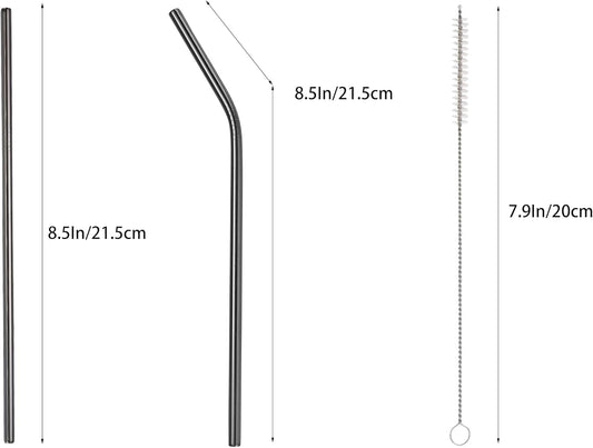 10 Pcs Stainless Steel Straws, Reusable Drinking Straws, 5 Straight + 5 Bent Metal Straws Set With 2 Pcs Cleaning Brushes (Black, 8.5 Inch)