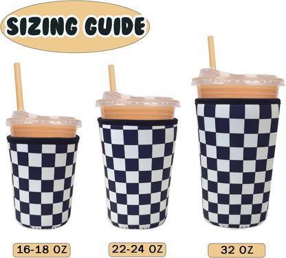Reusable Insulated Neoprene Iced Coffee Cup Sleeve, Durable Drink Sleeve for Cold Beverages, Beverage Holder for Iced Coffee, Checker Grid