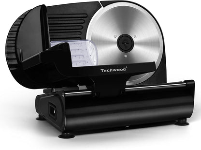 Meat Slicer, Techwood 200W Electric Food Slicer with Removable 9” Stainless Steel Blade, Deli Fruit Vegetable Cutter with Adjustable Knob for Thickness, Food Carriage & Non-Slip Feet, Double Blade