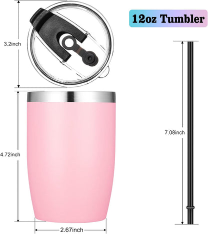 VEGOND Stainless Steel 12 oz Tumblers bulk Vacuum Insulated Double Wall Travel Tumbler with Lid and Straw Reusable Tumbler, Pink 6 pack