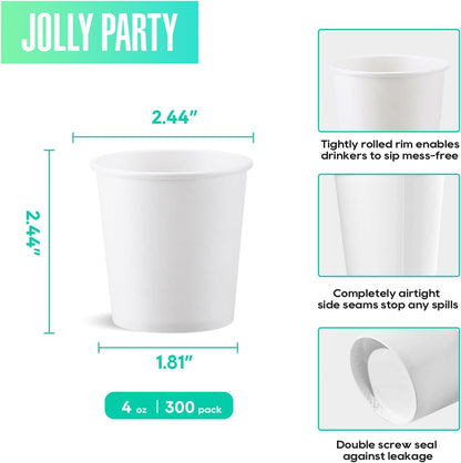 JOLLY PARTY 300 Pack 4 oz Disposable Paper Coffee Cup, Hot/Cold Beverage Drinking Cups for Water, White Hot Paper Coffee Cups