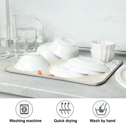 Summer Beach Dish Drying Mat 18 x 24 Inch Sea Wave Shells Starfish Drying Mat with High Absorbent Reversible Microfiber Kitchen Mat Dish Rack Pad Dish Drainer Mat for Kitchen Counter Coffee Bar