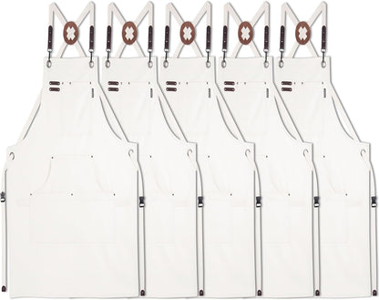 5 Pack Kitchen Apron, Work Apron, Canvas, Multiple Pockets, Gardening, Painting, BBQ, Artist, Carpenter, Sizes M to XXL, White