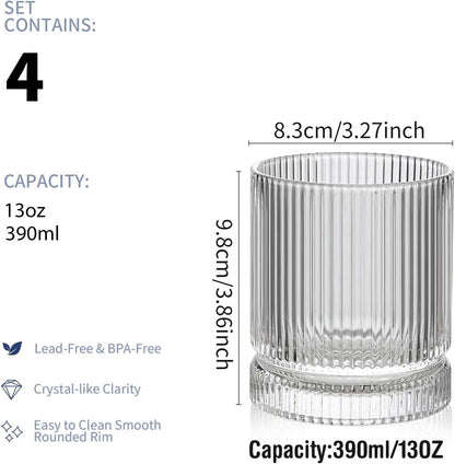 Ribbed Glass Cups Set, 390ml Vintage Drinking Glassware Set of 4, Cocktail Glasses, Low Ball Ribbed Glassware, Mixed Glassware Set, Premium Whiskey Glasses, Ideal for House of Glass