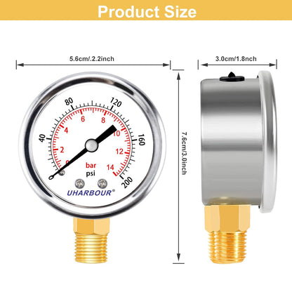 Lead-Free Pressure Gauge 1/4 NPT 0-200 Psi 2" Dial Stainless Steel Case, 1/4 NPT Lower Mount Pressure Gauge