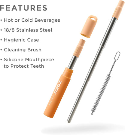 ZOKU Reusable Metal Straw with Case for Travel, Orange - Collapsible Stainless Steel Drinking Straw with Silicone Tip and Cleaner Brush, Ideal for Key Chains, Pockets, Purses