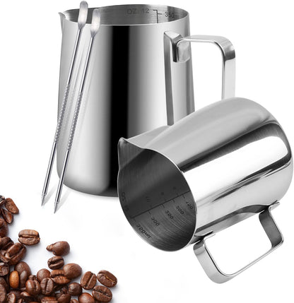 2 Pack Stainless Steel Milk Frothing Pitcher, 12 Oz/350ml, with Latte Art Pen
