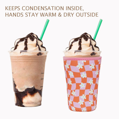 Reusable Insulated Neoprene Iced Coffee Cup Sleeve, Durable Drink Sleeve for Cold Beverages, Beverage Holder for Iced Coffee, Daisy Grid
