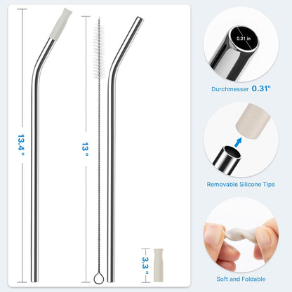 Repeatable Metal Straw with Silicone Tips for 40 oz Stanley Tumbler, 2 Pcs 40 oz Stainless Steel Straws Replacement for Stanley Tumbler, 1 Straw Brush, BPA Free（Cream Grey）