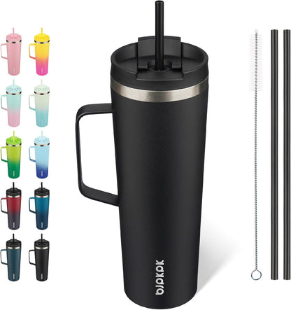 BJPKPK Insulated Tumbler with Handle, 30oz Insulated Tumblers with Lid and Straw, Stainless Steel Metal Water Bottles, Coffee Travel Mugs, Cups, Black