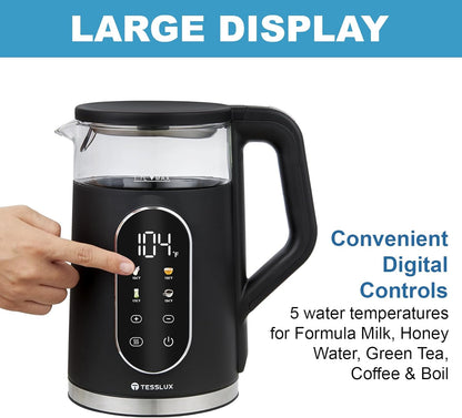Electric Kettle, 1500W Fast Boiling Glass Water Kettle with Temperature Control, 1.7L Cordless Stainless Steel Base, Keep Warm & Auto Shut-Off, BPA-Free, Black