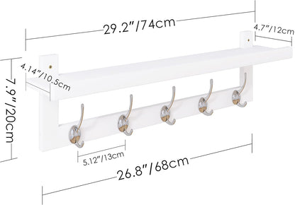 SMIBUY Coat Hooks with Shelf Wall-Mounted, 29.2 Inch Entryway Coat Rack for Wall, Bamboo Hanging Shelf with 5 Double Metal Hooks for Bathroom, Bedroom, Kitchen, Living Room, Mudroom (White)