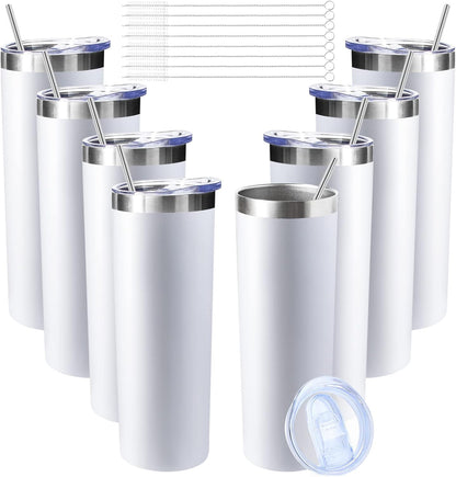 20 oz Skinny Tumblers with Lid and Straw,Stainless Steel Vacuum Insulated Tumbler Cup Double Wall Travel Coffee Mug, Thermal Water Tumbler for Hot and Cold Drinks(White,8)