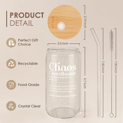 Chaos Coordinator 16oz Can Glass Tumbler with Bamboo Lid & Straw, Iced Coffee Cup for Female Coworker Friends Colleagues, Aesthetic Cups Gifts for Birthday Christmas Farewell Retirement