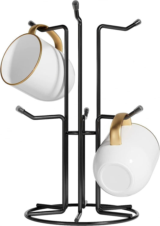 HULISEN Mug Tree for Large Cups, Counter Coffee Mug Holder with 6 Hooks, Metal Coffee Cup Holder Tree, Standing Rack for Countertop, Kitchen Counter Decor, Black