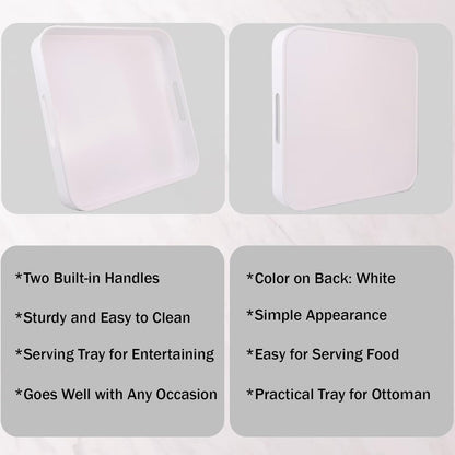 Square White Decorative Serving Tray with Handles, Versatile Ottoman Tray for Coffee Table, Entertaining, Outdoor Patio, Living Room, 13”*13”*1.6”