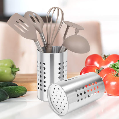 EORTA Stainless Steel Kitchen Utensil Holder Flatware Cylinder Silverware Draining Organizer Drying Rack with Round Drain Holes for Forks, Knives, Spoons, Chopsticks, Medium