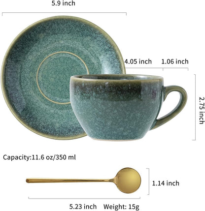 Porcelain Coffee Cup with Saucer Spoon, Vintage Design Ceramic Latte Art Cappuccino Barista Espresso Tea Cup with Saucer (11.6 oz, 350ml, Crystal Green)