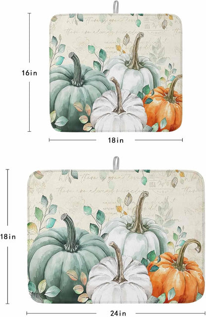 Fall Dish Drying Mat for Kitchen Counter Green Pumpkin Drying Pad Absorbent Drying Mats for Countertops Sinks Draining Racks Eucalyptus Leaves Drainer Holiday Harvest Thanksgiving Decorations 16x18