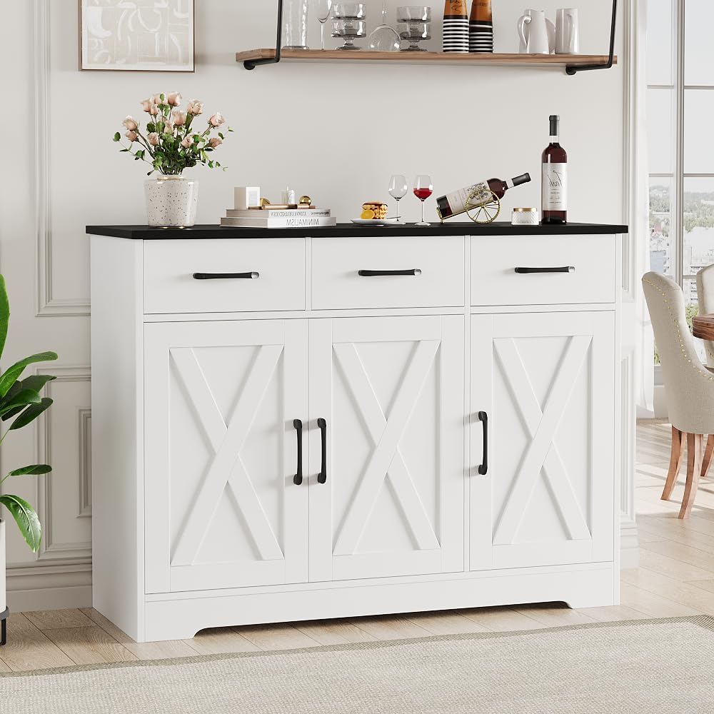 HOSTACK Modern Farmhouse Buffet Sideboard Cabinet, Barn Doors Storage Cabinet with Drawers and Shelves, Wood Coffee Bar with Storage for Dining Room, Kitchen, Living Room, White/Black
