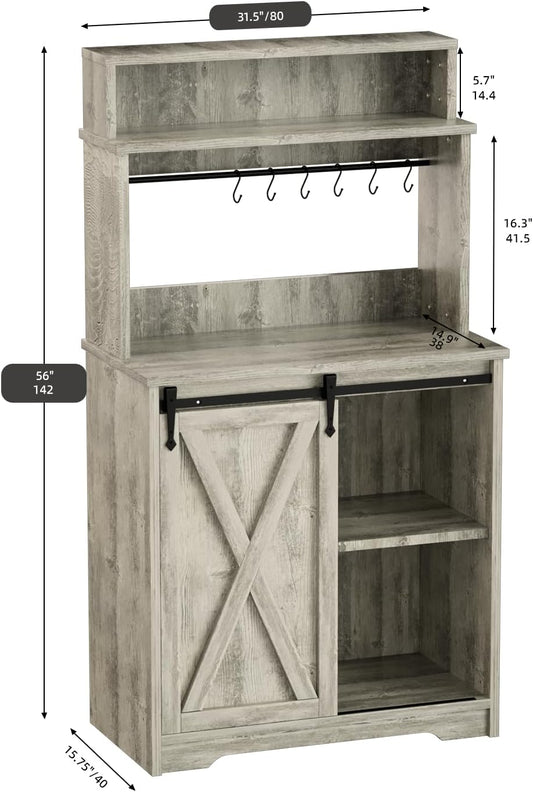 Farmhouse Coffee Bar with 3 Tier Storage Hutch, 56 Inch Small Coffee Station with 6 Hooks, Corner Bar Table with Adjustable Shelves for Living Dining Room (Grey)
