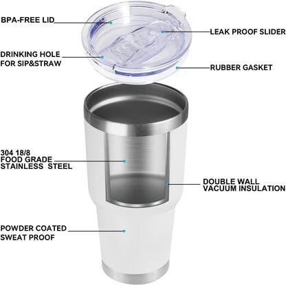 DOMICARE 30oz Tumbler Bulk with Lid and Straw, Double Wall Travel Coffee Mug, Insulated Vacuum Stainless Steel Tumblers, Powder Coated Tumbler Cup (White, 8)