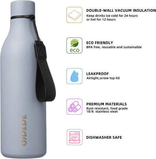 BJPKPK Insulated Water Bottles, 25 oz Stainless Steel Metal Water Bottle with Strap, BPA Free Leak Proof Thermos, Mugs, Flasks, Reusable Water Bottle for Sports & Travel, Mist Grey